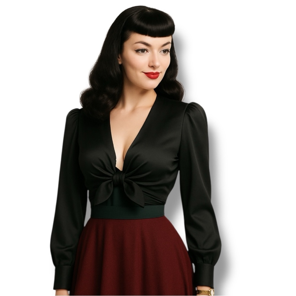 Wayf Top Black Tie Front Alcott Knot Silk Satin Crop Longsleeve Size XS NWOT